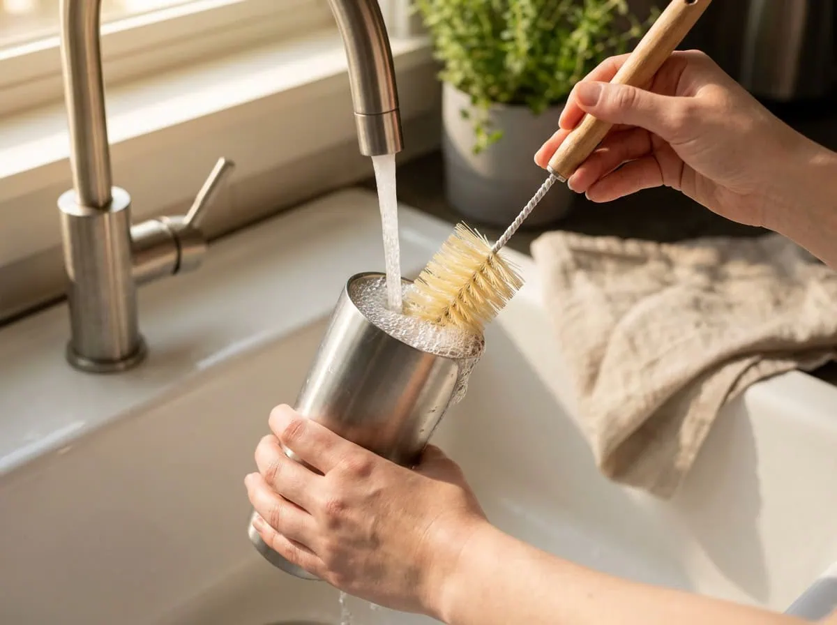 Hand washing stainless steel tumbler with bottle brush under warm water