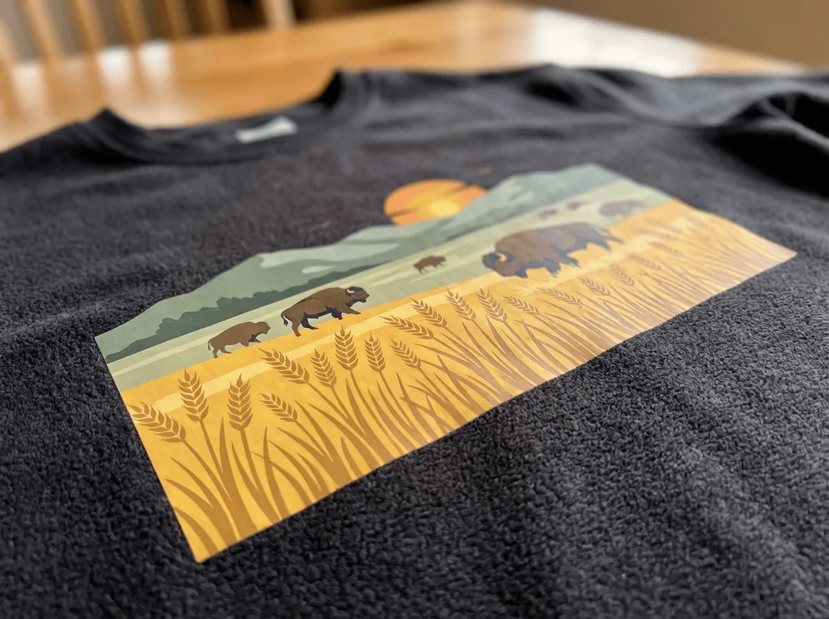 Close-up of Forever Laser Dark transfer print on bunnyhug fabric showing vibrant uncracked design