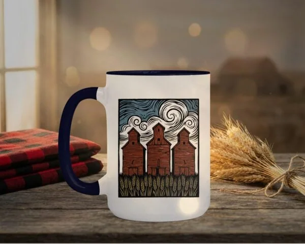 Three Elevators 15oz Mug with white exterior and coloured interior showing grain elevator design