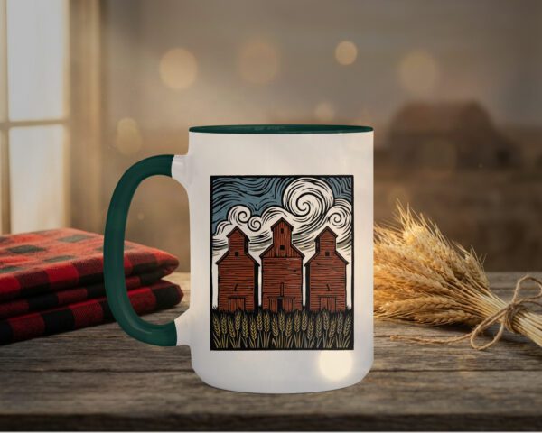 Three Elevators 15oz Mug with white exterior and coloured interior showing grain elevator design