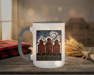 Three Elevators 15oz Mug with white exterior and coloured interior showing grain elevator design
