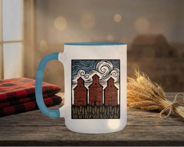 Three Elevators 15oz Mug with white exterior and coloured interior showing grain elevator design