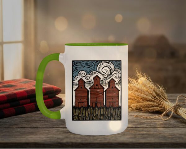 Three Elevators 15oz Mug with white exterior and coloured interior showing grain elevator design
