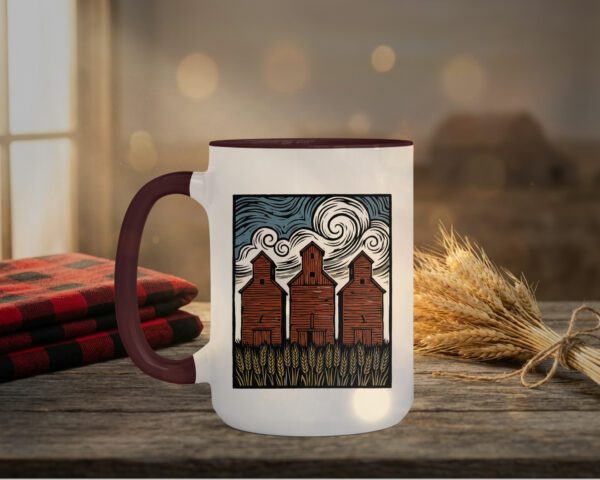 Three Elevators 15oz Mug with white exterior and coloured interior showing grain elevator design