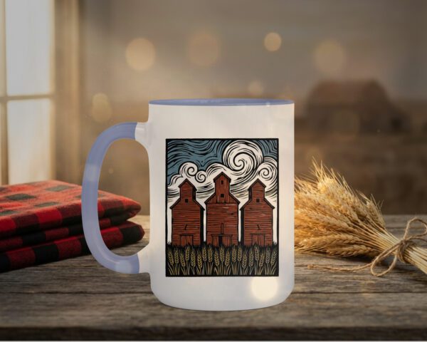 Three Elevators 15oz Mug with white exterior and coloured interior showing grain elevator design