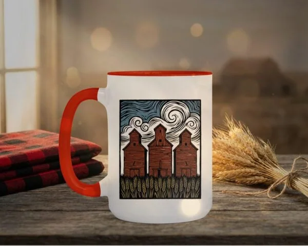 Three Elevators 15oz Mug with white exterior and coloured interior showing grain elevator design