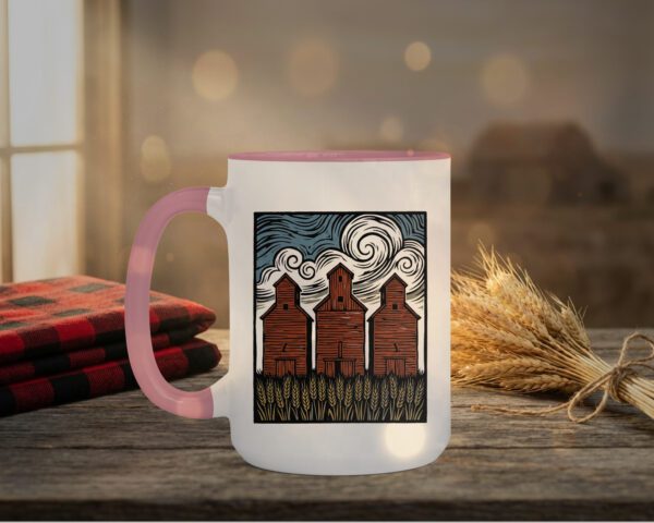 Three Elevators 15oz Mug with white exterior and coloured interior showing grain elevator design