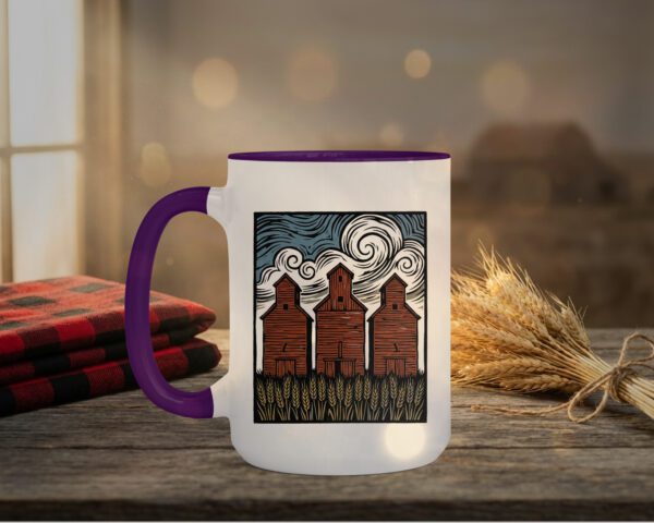 Three Elevators 15oz Mug with white exterior and coloured interior showing grain elevator design