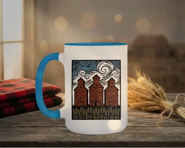 Three Elevators 15oz Mug with white exterior and coloured interior showing grain elevator design