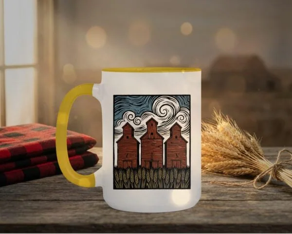 Three Elevators 15oz Mug with white exterior and coloured interior showing grain elevator design