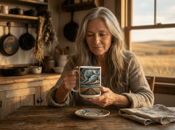 Country Road Mug showing Saskatchewan gravel road design on white ceramic
