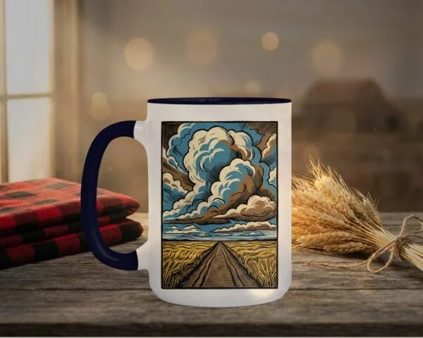 Country Road Mug with crimson interior showing Saskatchewan gravel road design on white ceramic