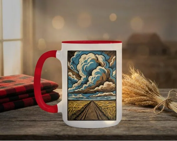 Country Road Mug with crimson interior showing Saskatchewan gravel road design on white ceramic