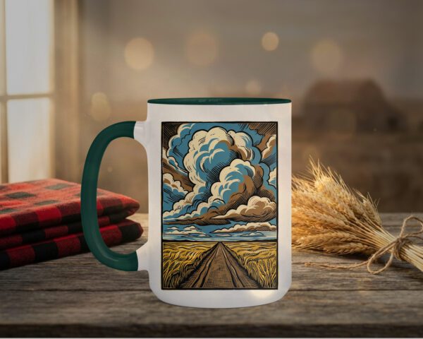 Country Road Mug with crimson interior showing Saskatchewan gravel road design on white ceramic