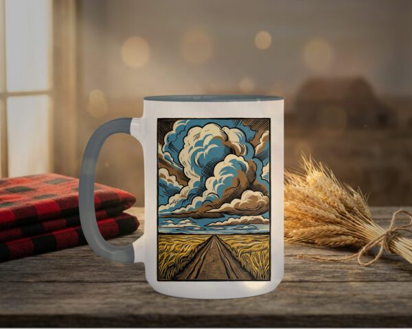 Country Road Mug with crimson interior showing Saskatchewan gravel road design on white ceramic