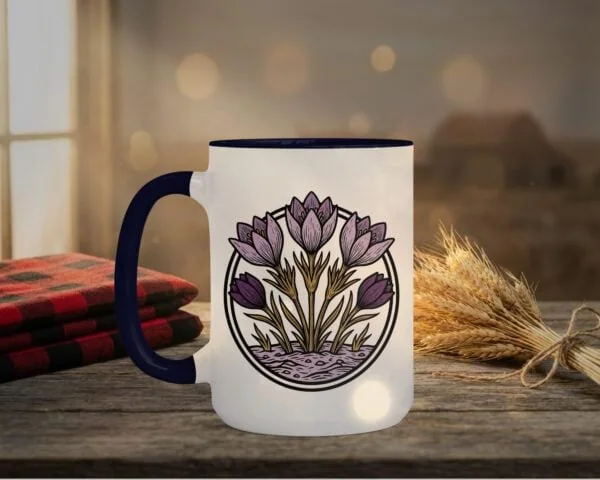 Crocuses Mug in black featuring purple Saskatchewan crocus flowers on white ceramic