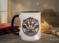 Crocuses Mug in black featuring purple Saskatchewan crocus flowers on white ceramic