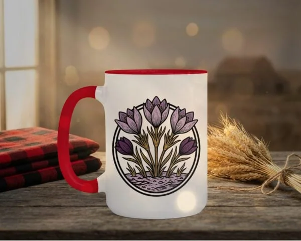 Crocuses Mug in black featuring purple Saskatchewan crocus flowers on white ceramic