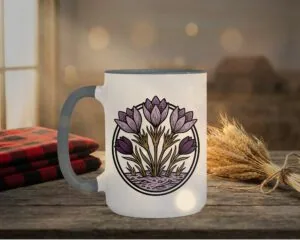 Crocuses Mug in black featuring purple Saskatchewan crocus flowers on white ceramic