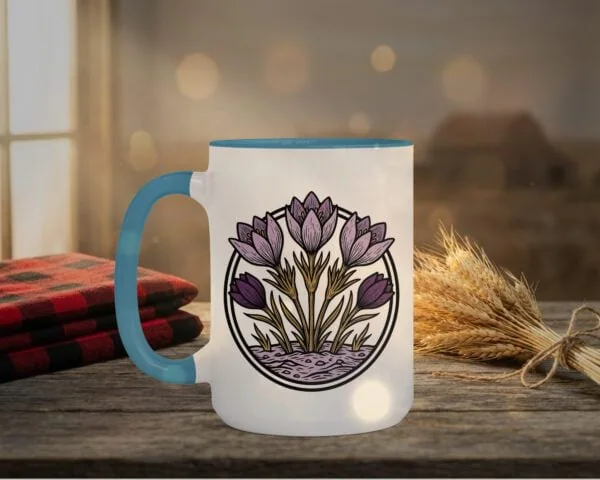 Crocuses Mug in black featuring purple Saskatchewan crocus flowers on white ceramic