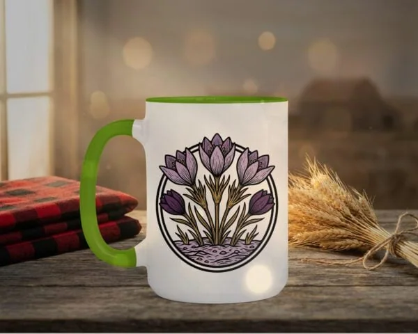 Crocuses Mug in black featuring purple Saskatchewan crocus flowers on white ceramic