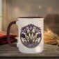 Crocuses Mug in black featuring purple Saskatchewan crocus flowers on white ceramic