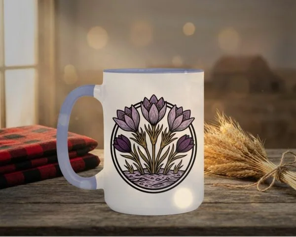 Crocuses Mug in black featuring purple Saskatchewan crocus flowers on white ceramic