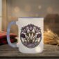 Crocuses Mug in black featuring purple Saskatchewan crocus flowers on white ceramic