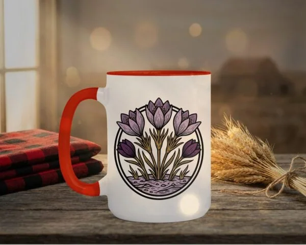 Crocuses Mug in black featuring purple Saskatchewan crocus flowers on white ceramic