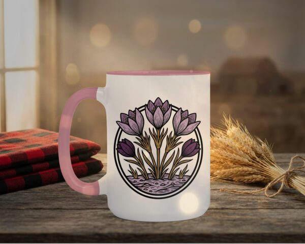 Crocuses Mug in black featuring purple Saskatchewan crocus flowers on white ceramic