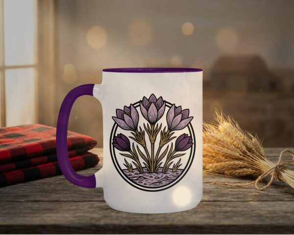 GBH00005-crocuses-15oz-mug-purple Crocuses Mug in black featuring purple Saskatchewan crocus flowers on white ceramic