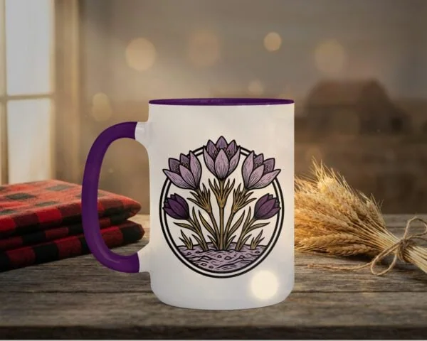 Crocuses Mug in black featuring purple Saskatchewan crocus flowers on white ceramic