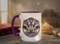 Crocuses Mug in black featuring purple Saskatchewan crocus flowers on white ceramic