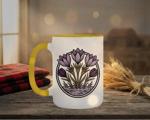 Crocuses Mug in black featuring purple Saskatchewan crocus flowers on white ceramic