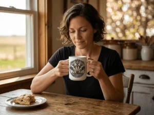 Crocuses Mug in black featuring purple Saskatchewan crocus flowers on white ceramic