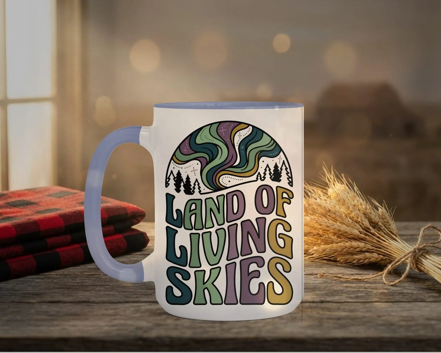 Land Of Living Skies Mug in light purple interior showing Saskatchewan prairie sky design on white ceramic coffee cup