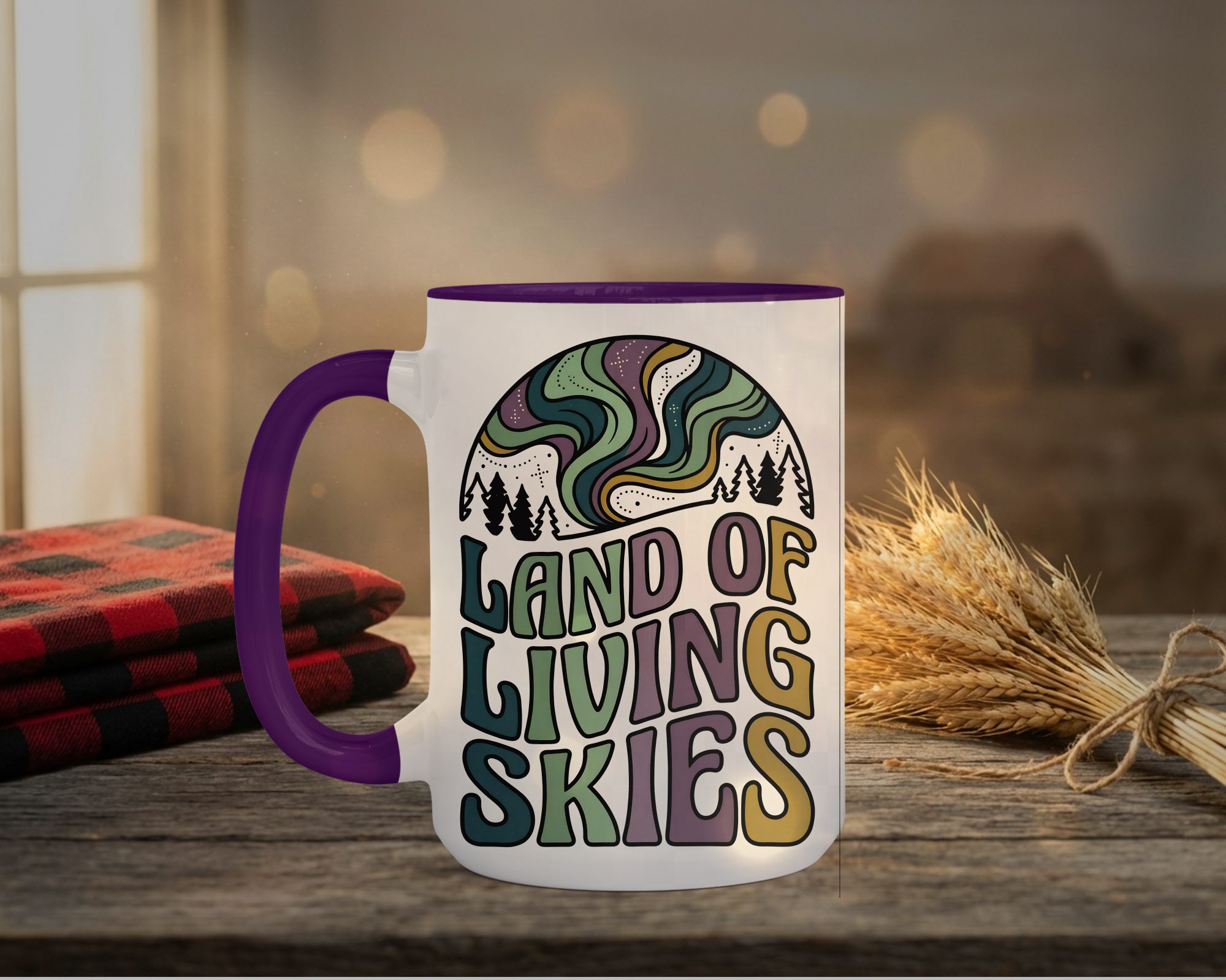 Land Of Living Skies Mug in purple interior showing Saskatchewan prairie sky design on white ceramic coffee cup