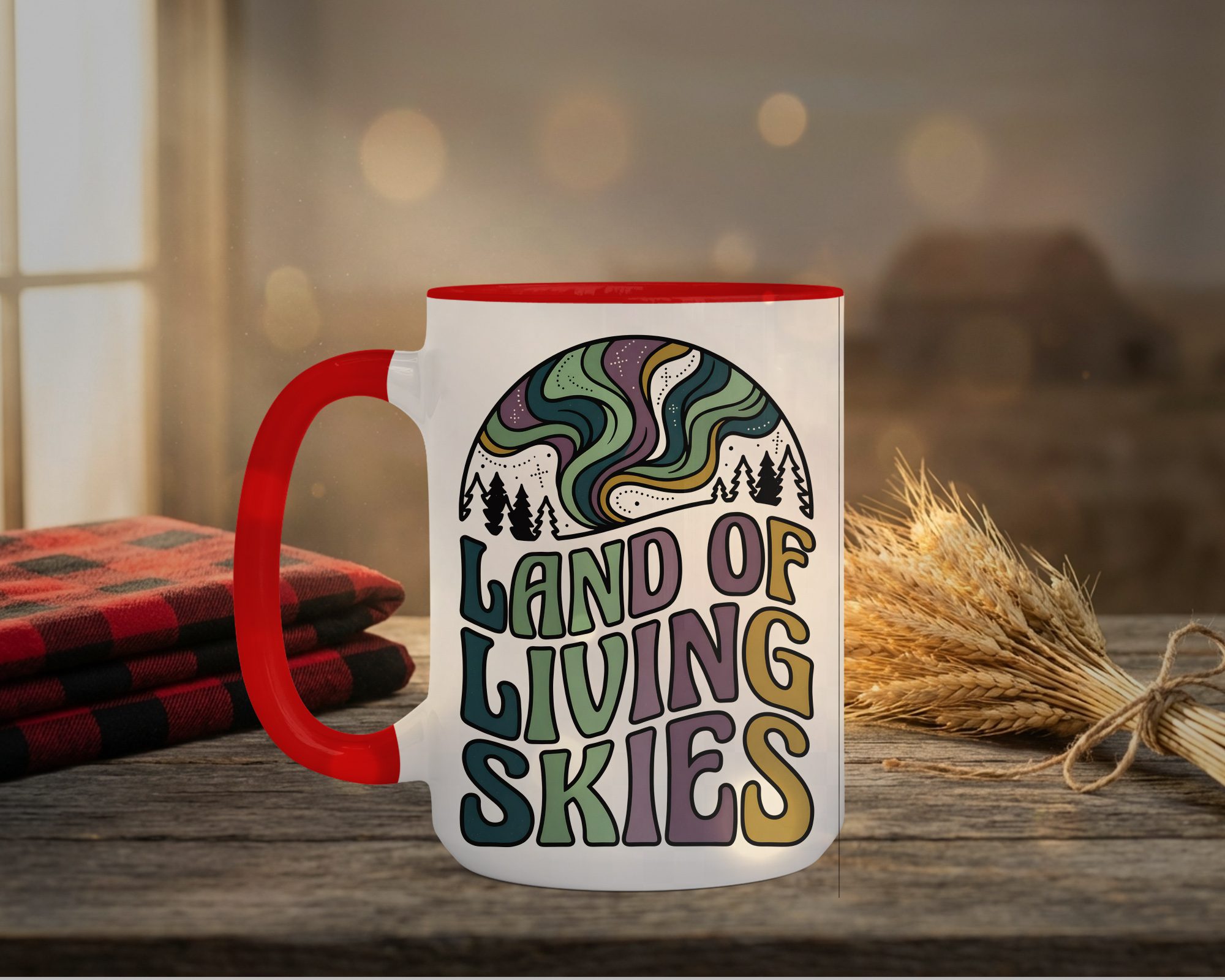 Land Of Living Skies Mug in red interior showing Saskatchewan prairie sky design on white ceramic coffee cup