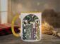 Land Of Living Skies Mug in yellow interior showing Saskatchewan prairie sky design on white ceramic coffee cup