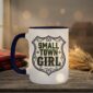 Small Town Girl Mug in blue interior showing Saskatchewan design on white ceramic coffee mug