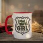 Small Town Girl Mug in red interior showing Saskatchewan design on white ceramic coffee mug