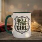 Small Town Girl Mug in green interior showing Saskatchewan design on white ceramic coffee mug