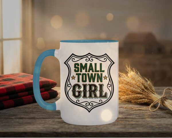 Small Town Girl Mug in light blue interior showing Saskatchewan design on white ceramic coffee mug