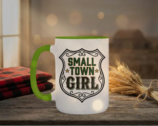 Small Town Girl Mug in light green interior showing Saskatchewan design on white ceramic coffee mug
