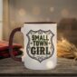 Small Town Girl Mug in maroon interior showing Saskatchewan design on white ceramic coffee mug
