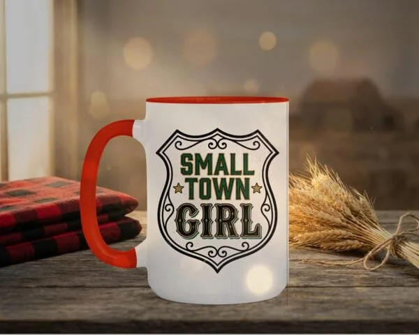 Small Town Girl Mug in orange interior showing Saskatchewan design on white ceramic coffee mug