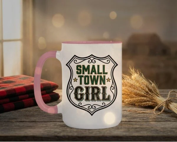 Small Town Girl Mug in pink interior showing Saskatchewan design on white ceramic coffee mug