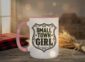 Small Town Girl Mug in pink interior showing Saskatchewan design on white ceramic coffee mug