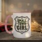Small Town Girl Mug in pink interior showing Saskatchewan design on white ceramic coffee mug