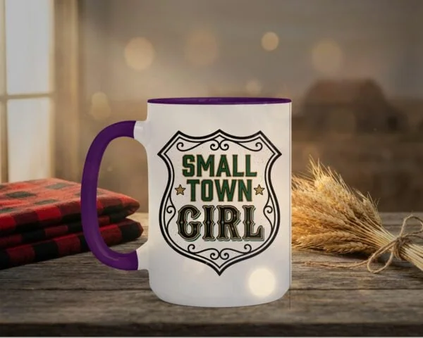 Small Town Girl Mug in purple interior showing Saskatchewan design on white ceramic coffee mug